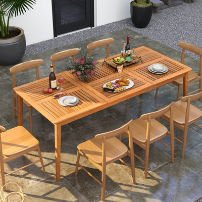 COSTWAY Outdoor Wooden Long Dining Table 200 x 90cm Rectangular Patio Table with Umbrella Hole