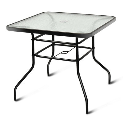 Costway Patio Bistro Table Glass Top Outdoor Square Coffee Tea Table with Umbrella Hole