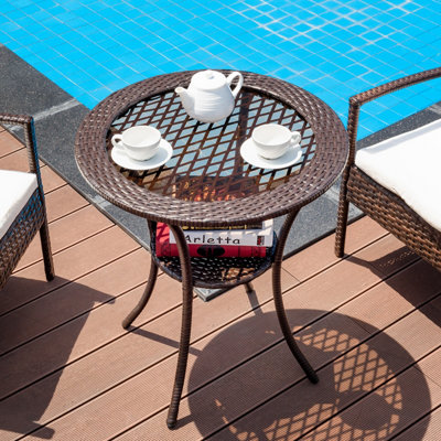 COSTWAY Patio Bistro Table with Tempered Glass Tabletop Outdoor PE Rattan Round Dining Table