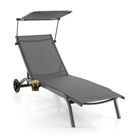 Costway Patio Chaise Lounge Chair w/6-Level Canopy & Wheels Heavy-Duty