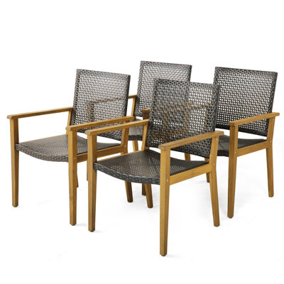 Costway Patio Dining Chairs Set of 4 Outdoor Acacia Wood & PE Wicker Chairs with Armrests