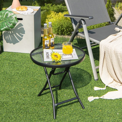 Costway Patio Folding Glass Side Table 46 cm Portable Round Bistro Coffee Table