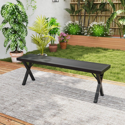 COSTWAY Patio Metal Bench 2-Person Loveseat w/ Slatted Seat & X Legs