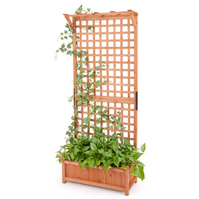 Costway Patio Planter Box Wooden Raised Garden Bed w/ Arch Trellis & Hanging Roof