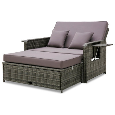 COSTWAY Patio Rattan Daybed Set Outdoor Adjustable Sun Lounger w/ Ottoman