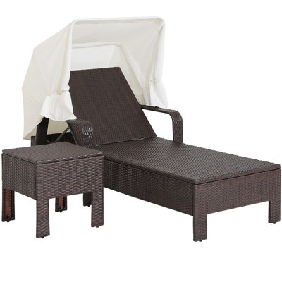 Costway Patio Rattan Lounge Chair Chaise Side Table Outdoor Recliner w/ Folding Canopy & Pillow