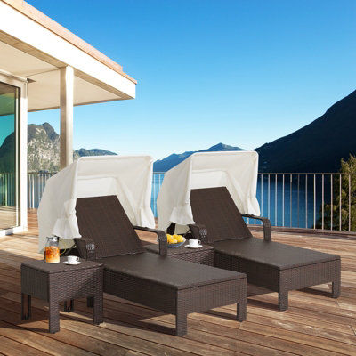 Costway Patio Rattan Lounge Chair Chaise Side Table Outdoor Recliner w/ Folding Canopy & Pillow - 4