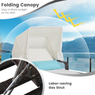 Costway Patio Rattan Lounge Chair Chaise Side Table Outdoor Recliner w/ Folding Canopy & Pillow - 6