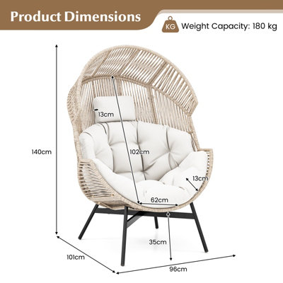 Costway Patio Ratten Lounge Basket Chair Indoor Outdoor Wicker Egg Chair w/ Cushions - 3
