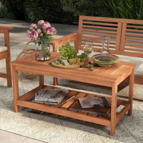 Costway Patio Rectangle Coffee Table Double-Tier Side Table Slatted Tabletop & Shelf Indoor Outdoor