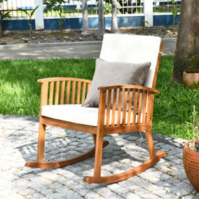 Costway Patio Rocking Chair Garden Backyard Acacia Wood Rocker with Seat & Back Cushions