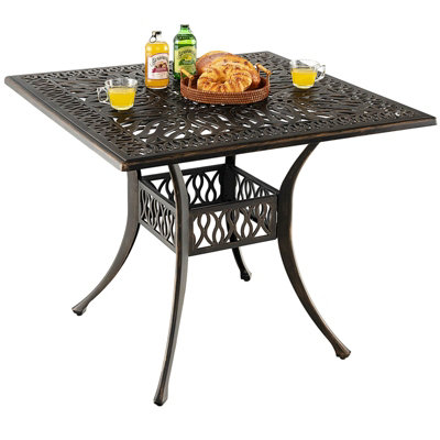 COSTWAY Patio Square Dining Table Cast Aluminum Table w/ 5.5cm Umbrella Hole
