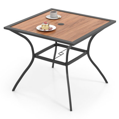 COSTWAY Patio Table with Umbrella Hole Outdoor Dining Table for 4 People Brown & Black