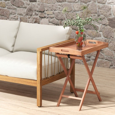 Costway Patio Wooden Side Table Outdoor & Indoor Folding Tea Coffee Table w/ Tea Tray