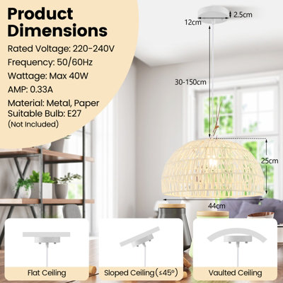 Costway Pendant Light Paper Round Ceiling Light w/ Adjustable Hanging Rope& E27