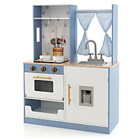 Costway Play Kitchen Wooden Pretend Kitchen Toys Play Cooking Set W/ Cookware & Storage