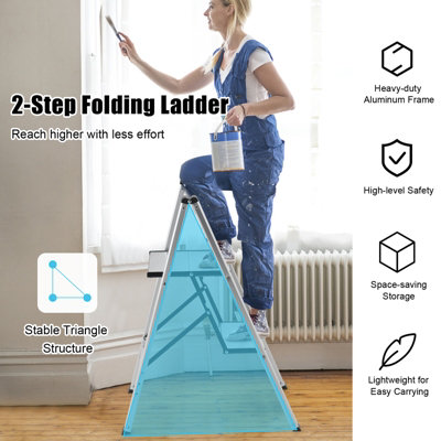 Costway Portable 2-Step Ladder Aluminum Folding Step Stool w/ Non-Slip Pedal & Footpads - 3