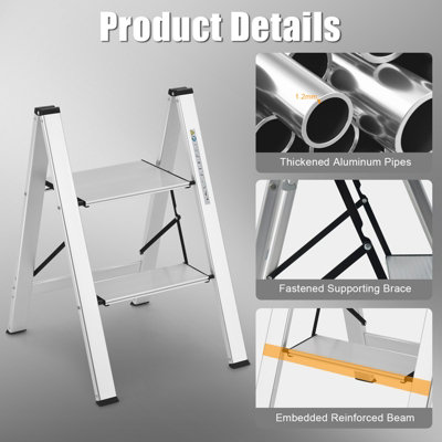 Costway Portable 2-Step Ladder Aluminum Folding Step Stool w/ Non-Slip Pedal & Footpads - 5