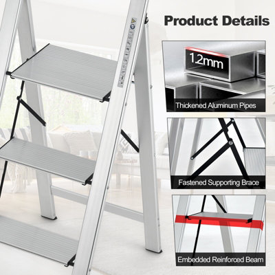 Costway Portable 3-Step Ladder Aluminum Folding Step Stool w/ Non-Slip Pedal & Footpads - 7