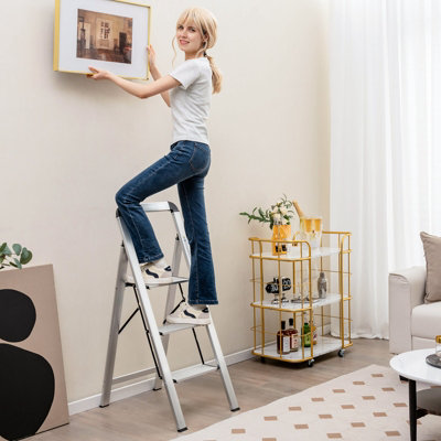 Costway Portable 3-Step Ladder Aluminum Folding Step Stool w/ Non-Slip Pedal & Footpads - 8