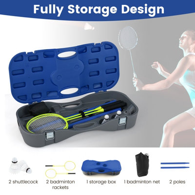 COSTWAY Portable Badminton Net Set w/ Storage Base & 2 Badminton Rackets Blue