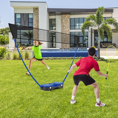 COSTWAY Portable Badminton Net Set w/ Storage Base & 2 Badminton Rackets Blue