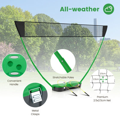 COSTWAY Portable Badminton Net Set w/ Storage Base & 2 Badminton Rackets Green