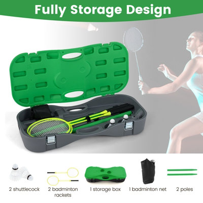 COSTWAY Portable Badminton Net Set w/ Storage Base & 2 Badminton Rackets Green