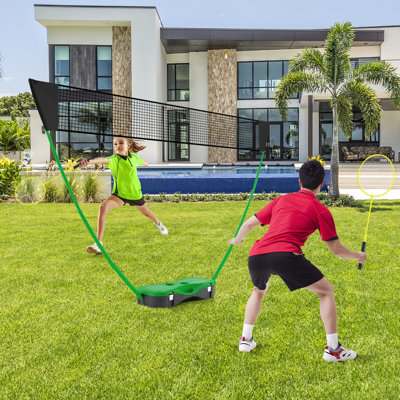 COSTWAY Portable Badminton Net Set w/ Storage Base & 2 Badminton Rackets Green