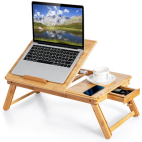 Costway Portable Bamboo Folding Laptop PC Desk Tray W/ Adjustable Legs & Tilting Heat-dissipation Top