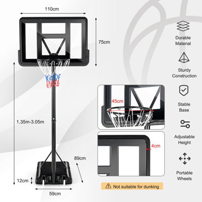 Costway Portable Basketball Hoop for Both Youth and Adults Height Adjustable 1.35-3.05m