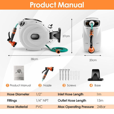 Costway Portable Hose Reel 15+1m Wall Mounted Hose Reel Retractable Auto Rewind Watering