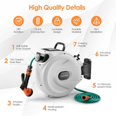 Costway Portable Hose Reel 15+1m Wall Mounted Hose Reel Retractable Auto Rewind Watering - 9