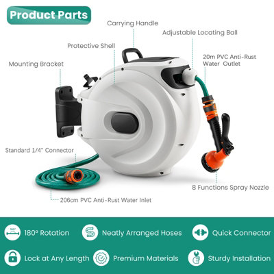 Costway Portable Hose Reel 20+2m Wall Mounted Hose Reel Retractable Auto Rewind Watering - 9