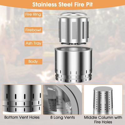Costway Portable Smokeless Fire Pit Stainless Steel Wood Burning Firepit w/ Rain Cover - 7