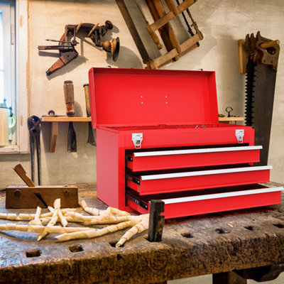 Costway Portable Steel Tool Box Tool Storage Chest w/ 3 Drawers & Top ...