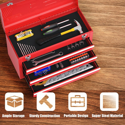 Costway Portable Steel Tool Box Tool Storage Chest w/ 3 Drawers & Top ...