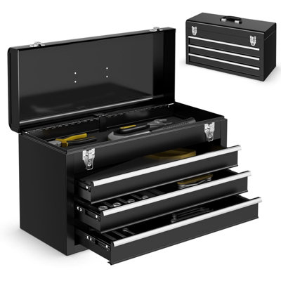 COSTWAY Portable Steel Tool Box Toolbox w/ 3 Drawers & Top Storage Tray-Black