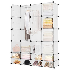 Costway Portable Wardrobe Storage Organiser Unit w/16 Cubes 8 Open Shelves & 2 Hanging Rods Space-Saving DIY Closet Cabinet