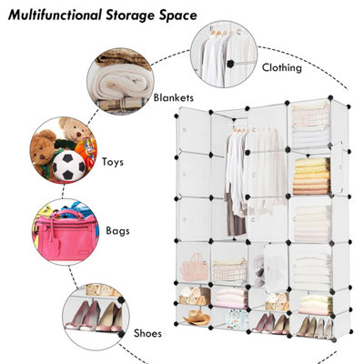 Costway Portable Wardrobe Storage Organiser Unit w/16 Cubes 8 Open Shelves & 2 Hanging Rods Space-Saving DIY Closet Cabinet