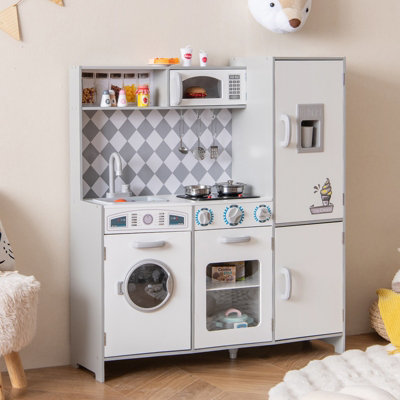 COSTWAY Pretend Play Kitchen Kids Wooden Kitchen Toy Set w Cooking Stove