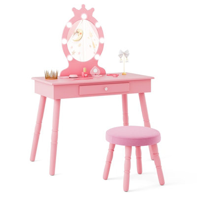 COSTWAY Princess Dressing Table & Chair Set Kids Vanity Set w/ Lighted ...