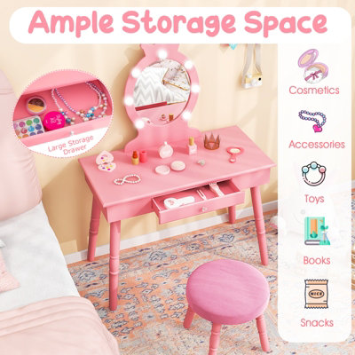 COSTWAY Princess Dressing Table & Chair Set Kids Vanity Set w/ Lighted ...