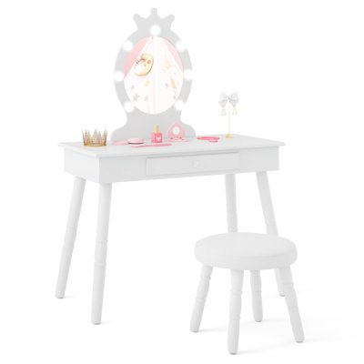 COSTWAY Princess Dressing Table & Chair Set Kids Vanity Set w/ Lighted ...