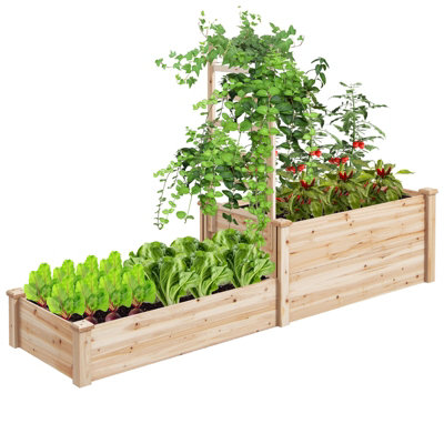 Costway Raised Garden Bed Open Base Wooden Elevated Planter W/ Trellis & 2 Planter Box