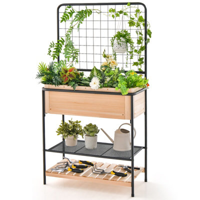 Costway Raised Garden Bed with Trellis Elevated Wood Planter Box W/ Grid Divider