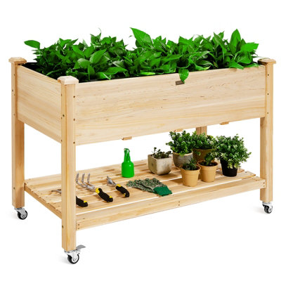 Costway Raised Garden Bed Wood Elevated Planter Bed w/Lockable Wheels Shelf & Liner