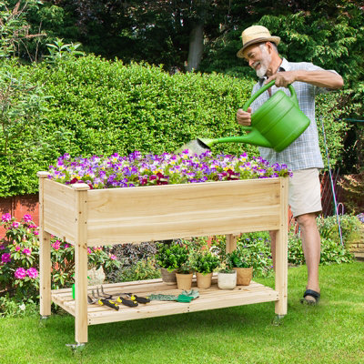 Costway Raised Garden Bed Wood Elevated Planter Bed w/Lockable Wheels Shelf & Liner - 3