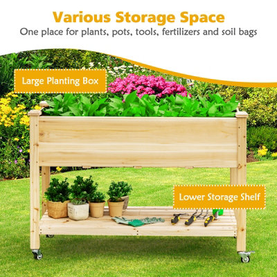 Costway Raised Garden Bed Wood Elevated Planter Bed w/Lockable Wheels Shelf & Liner - 4