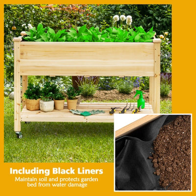 Costway Raised Garden Bed Wood Elevated Planter Bed w/Lockable Wheels Shelf & Liner - 5